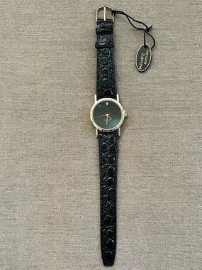 Genuine Diamond Quartz Black Croc-Embossed Leather Watch